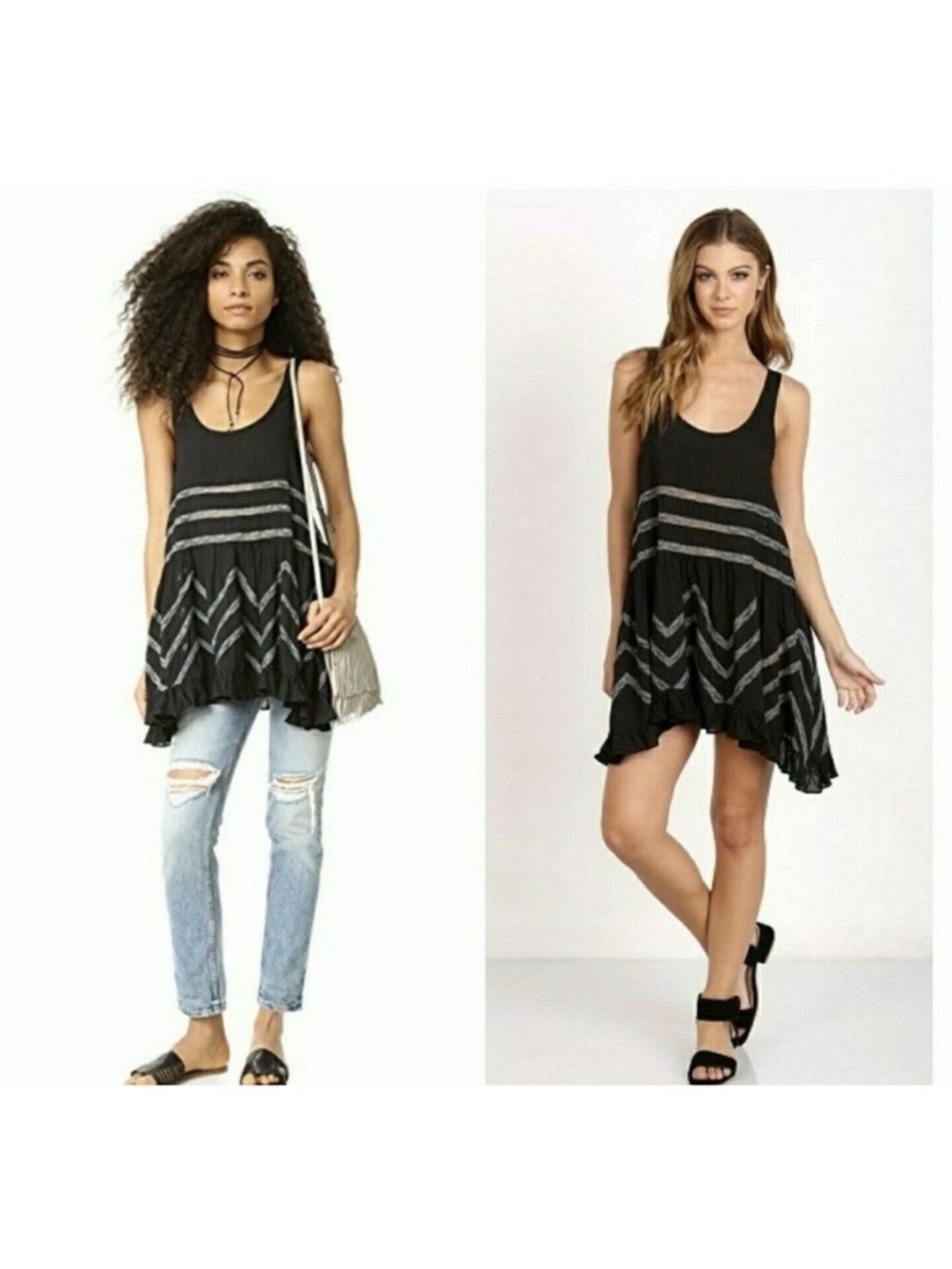 Free People Black Mini dots and Gray Lace-Trim Mini Dress